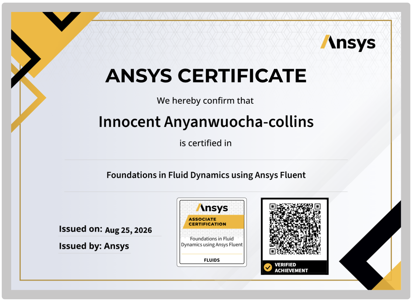 CFD CERTIFICATION: FOUNDATIONS IN FLUID DYNAMICS USING ANSYS FLUENT
